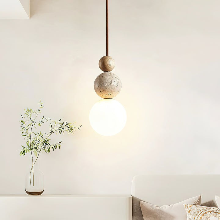 Stacked Globe Duo Pendant Light in Yellow Travertine & Wood