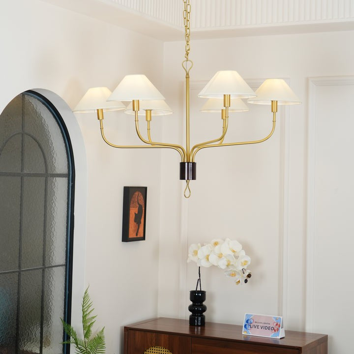 Staggered Tail 6-Light Brass & Fabric Chandelier