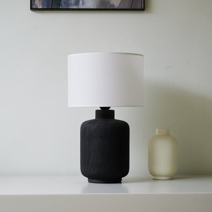 Textured Matte Black Ceramic Table Lamp with White Drum Shade