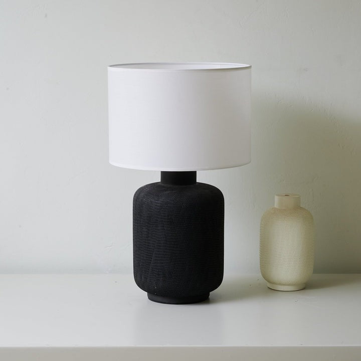 Textured Matte Black Ceramic Table Lamp with White Drum Shade