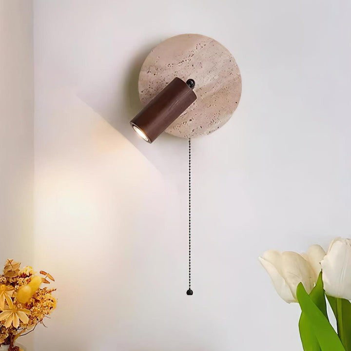 Travertine & Wood Wall Sconce with Vintage Pull Chain