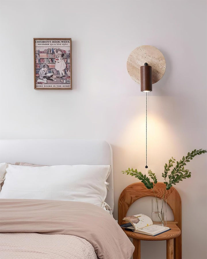 Travertine & Wood Wall Sconce with Vintage Pull Chain