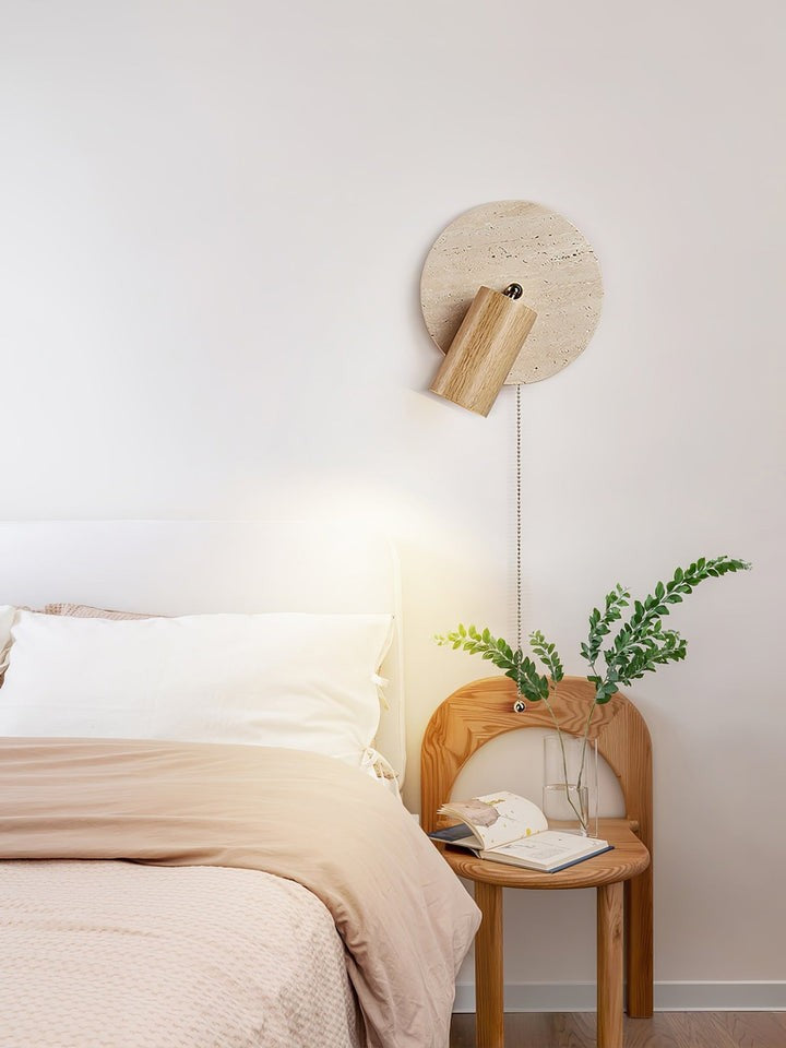 Travertine & Wood Wall Sconce with Vintage Pull Chain