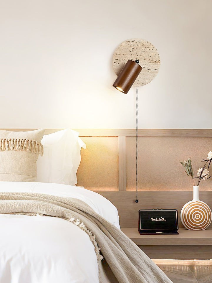 Travertine & Wood Wall Sconce with Vintage Pull Chain