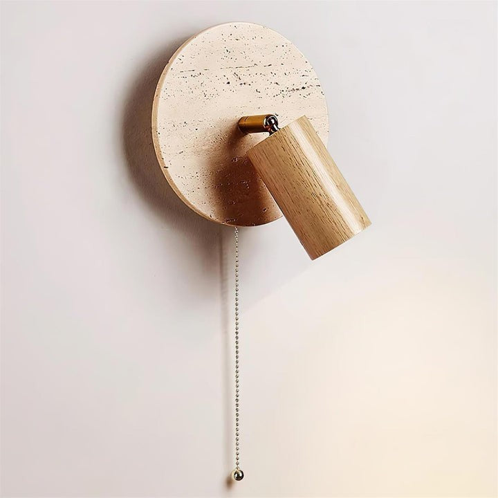 Travertine & Wood Wall Sconce with Vintage Pull Chain