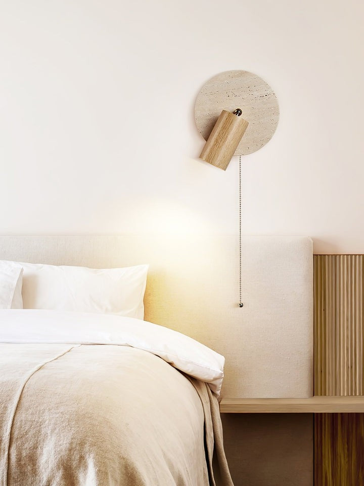 Travertine & Wood Wall Sconce with Vintage Pull Chain
