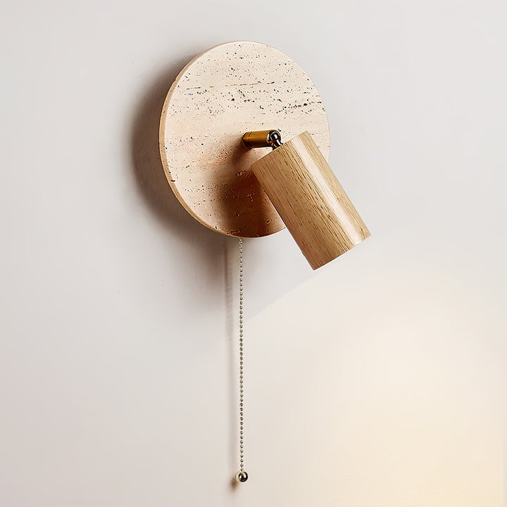 Travertine & Wood Wall Sconce with Vintage Pull Chain