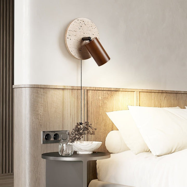 Travertine & Wood Wall Sconce with Vintage Pull Chain