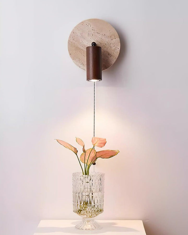 Travertine & Wood Wall Sconce with Vintage Pull Chain