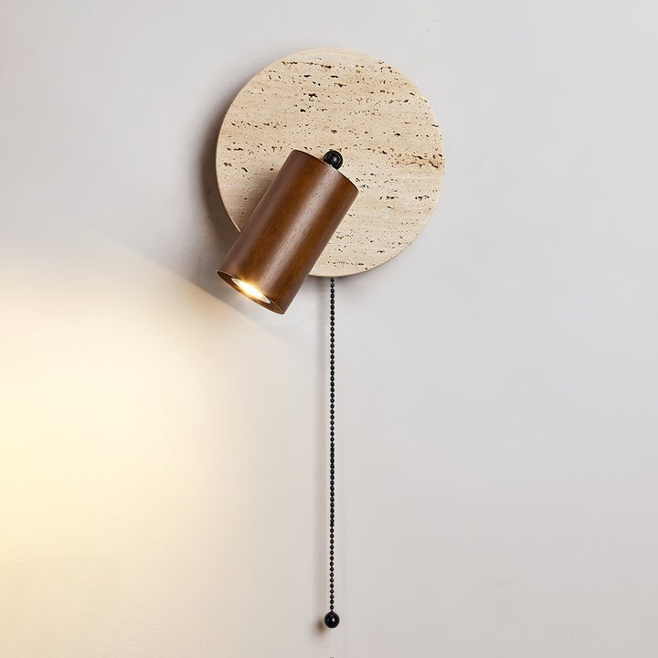 Travertine & Wood Wall Sconce with Vintage Pull Chain