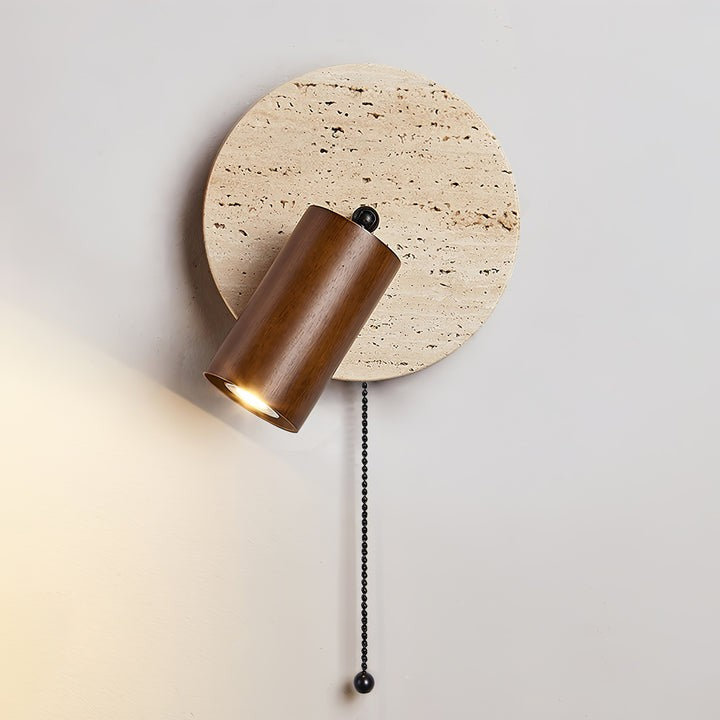 Travertine & Wood Wall Sconce with Vintage Pull Chain