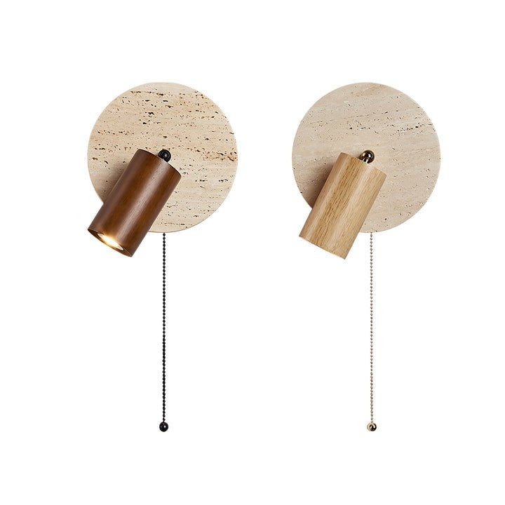 Travertine & Wood Wall Sconce with Vintage Pull Chain