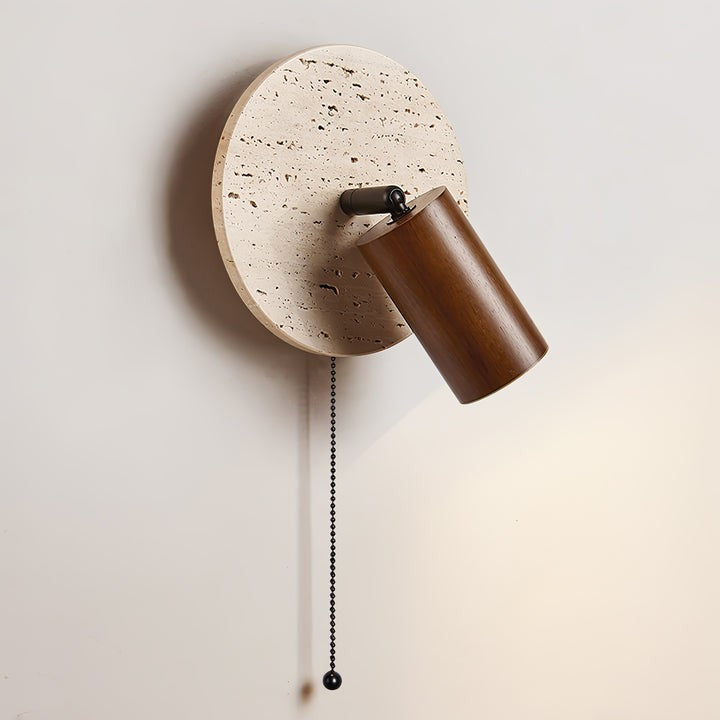 Travertine & Wood Wall Sconce with Vintage Pull Chain
