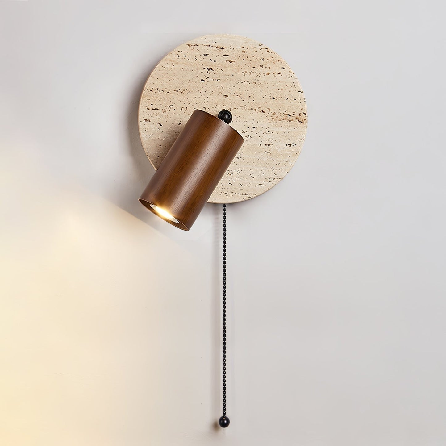 Travertine & Wood Wall Sconce with Vintage Pull Chain