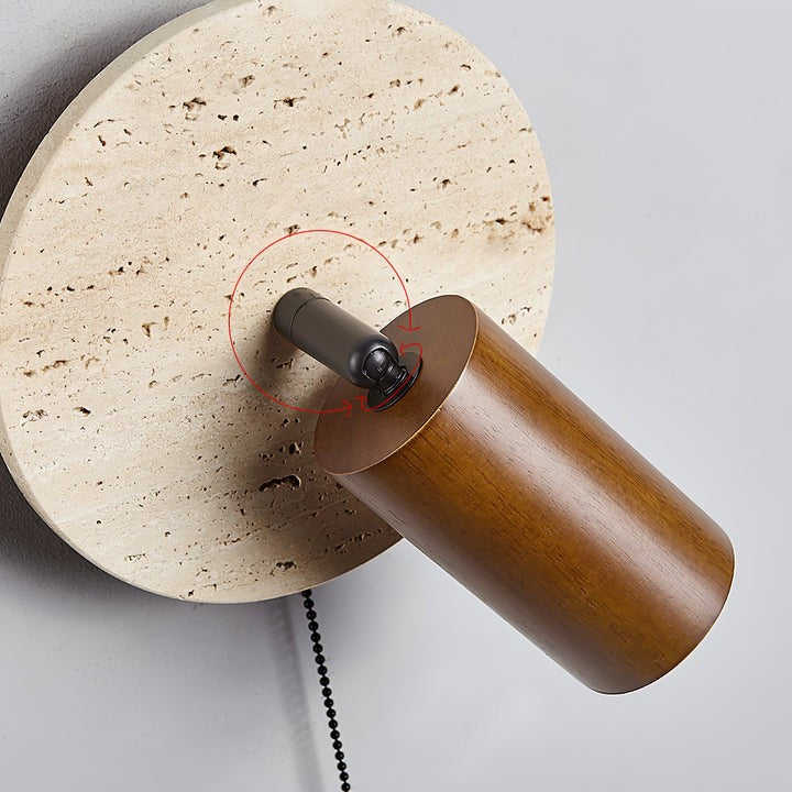 Travertine & Wood Wall Sconce with Vintage Pull Chain
