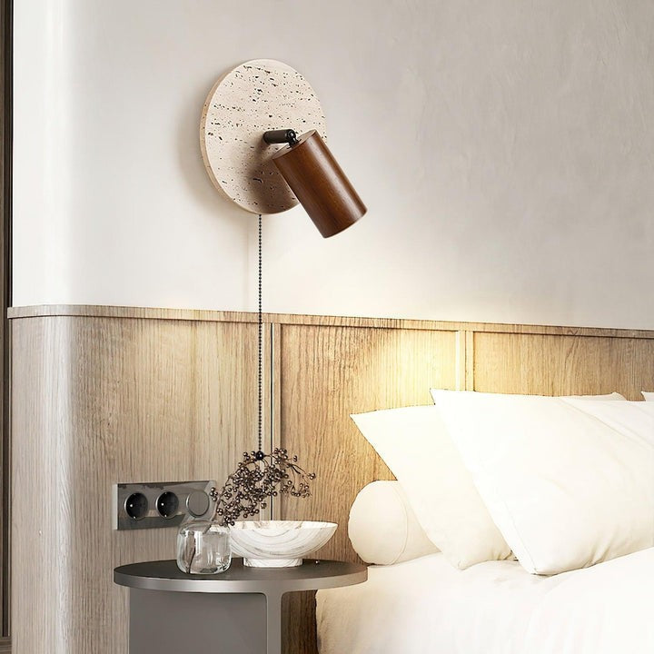 Travertine & Wood Wall Sconce with Vintage Pull Chain