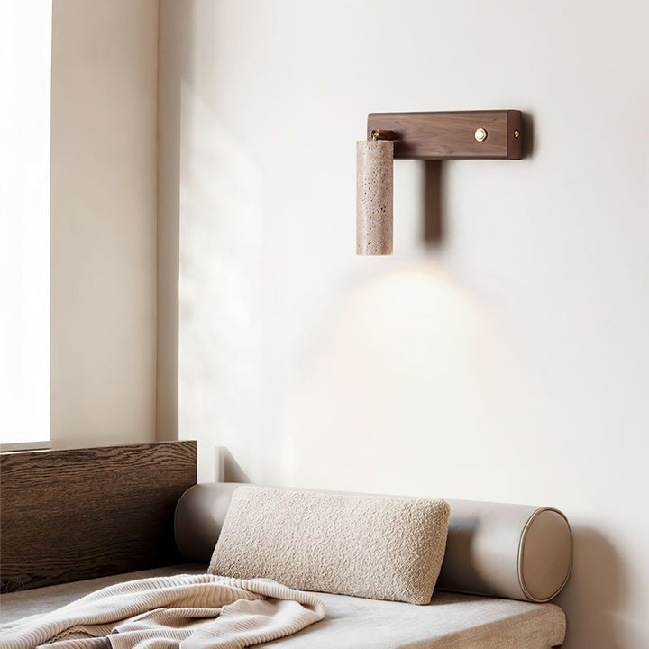 Travertine & Walnut Wood LED Wall Torch Sconce