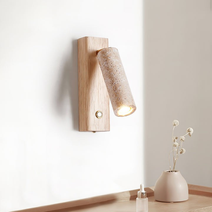Travertine & Walnut Wood LED Wall Torch Sconce