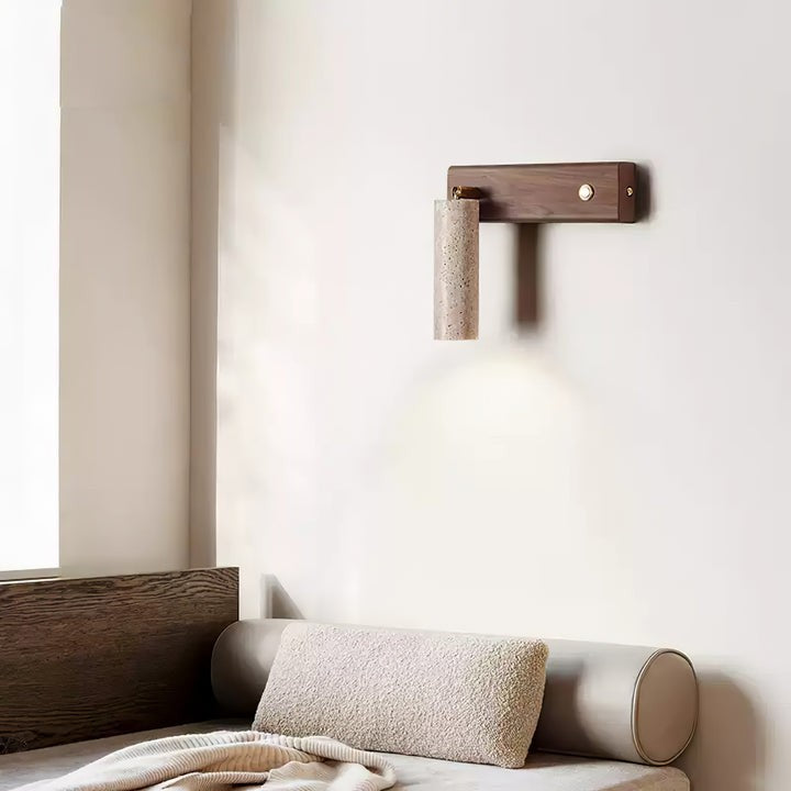 Travertine & Walnut Wood LED Wall Torch Sconce
