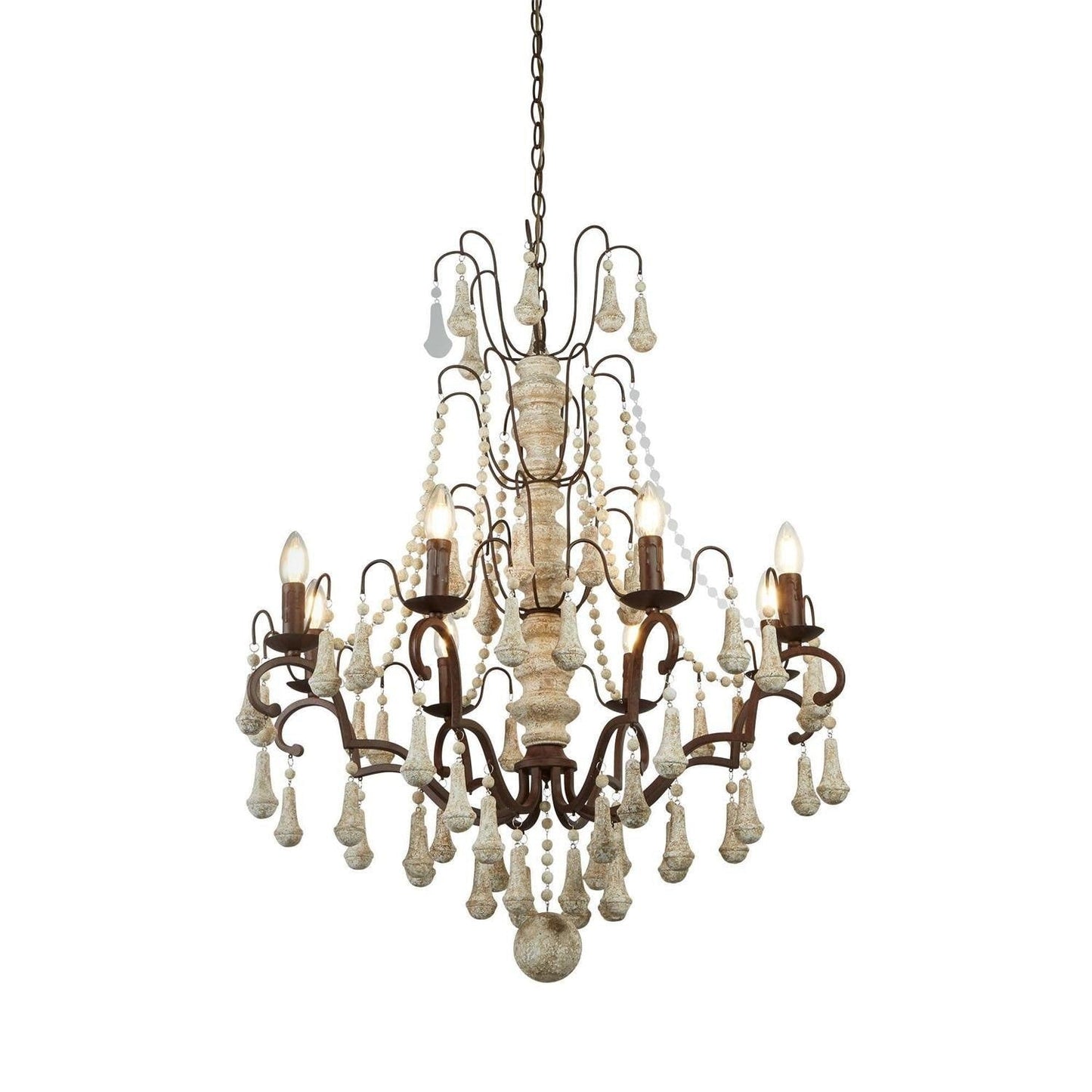 Vintage-Inspired 8-Light Wood and Metal Chandelier with Beaded Detail