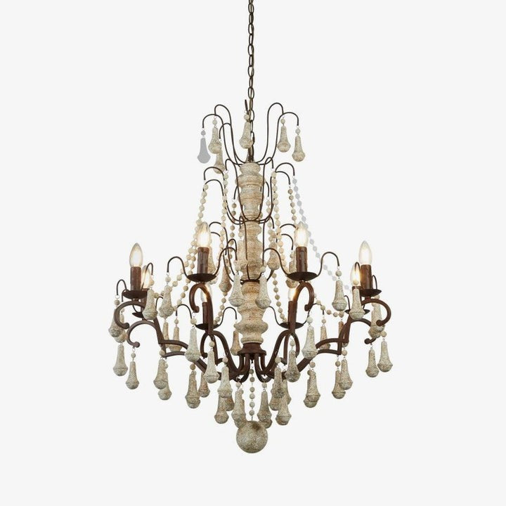 Vintage-Inspired 8-Light Wood and Metal Chandelier with Beaded Detail