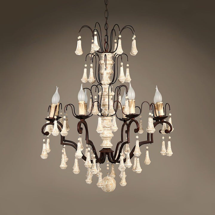 Vintage-Inspired 8-Light Wood and Metal Chandelier with Beaded Detail