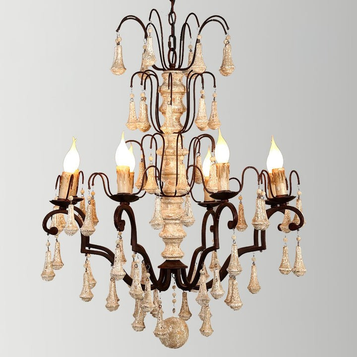 Vintage-Inspired 8-Light Wood and Metal Chandelier with Beaded Detail
