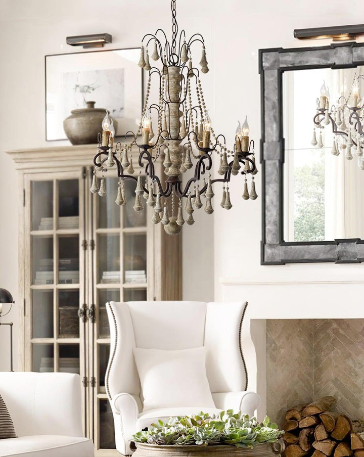 Vintage-Inspired 8-Light Wood and Metal Chandelier with Beaded Detail