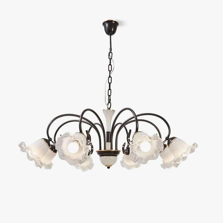 Vintage-Style Black Floral Chandelier with Brass & Glass Accents