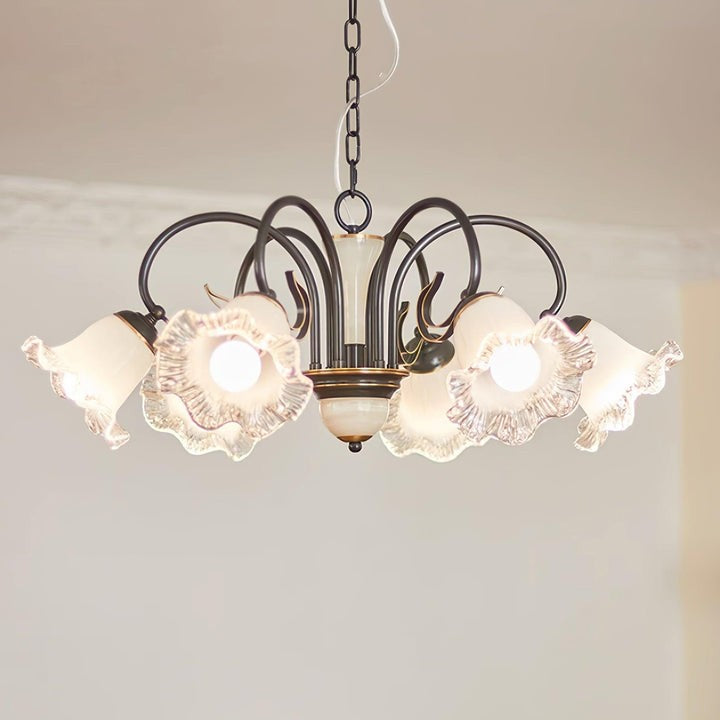 Vintage-Style Black Floral Chandelier with Brass & Glass Accents