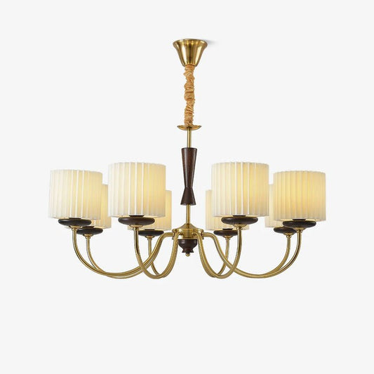 Walnut & Copper Multi-Arm Pleated Shade Chandelier