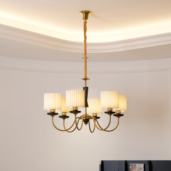 Walnut & Copper Multi-Arm Pleated Shade Chandelier
