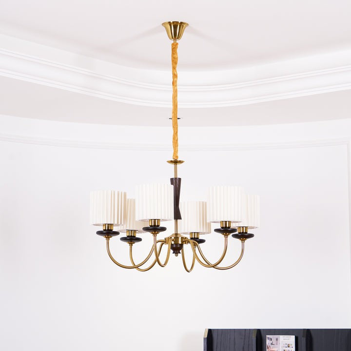 Walnut & Copper Multi-Arm Pleated Shade Chandelier