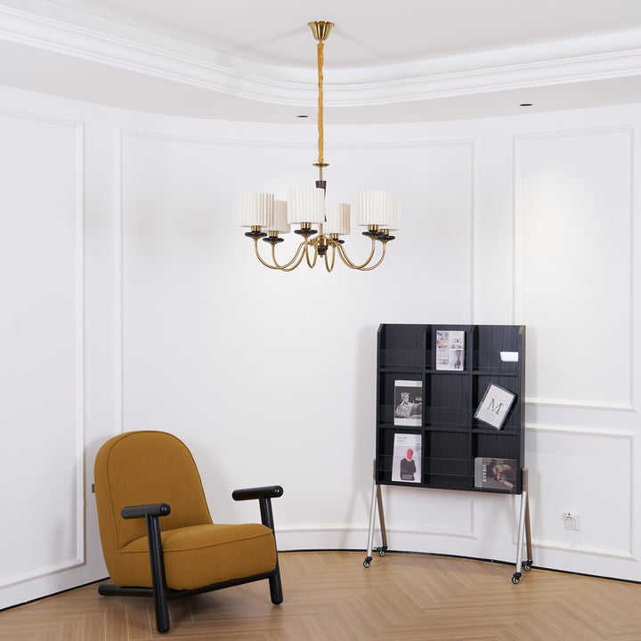 Walnut & Copper Multi-Arm Pleated Shade Chandelier