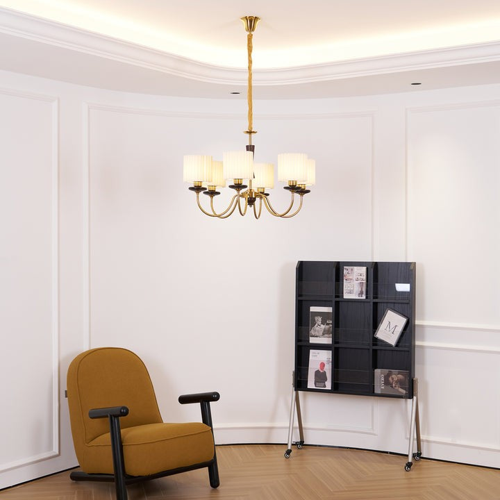 Walnut & Copper Multi-Arm Pleated Shade Chandelier