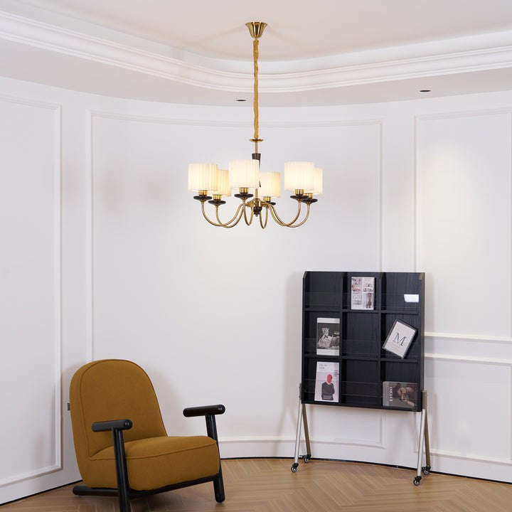 Walnut & Copper Multi-Arm Pleated Shade Chandelier