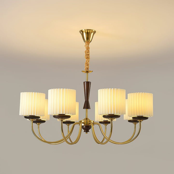 Walnut & Copper Multi-Arm Pleated Shade Chandelier