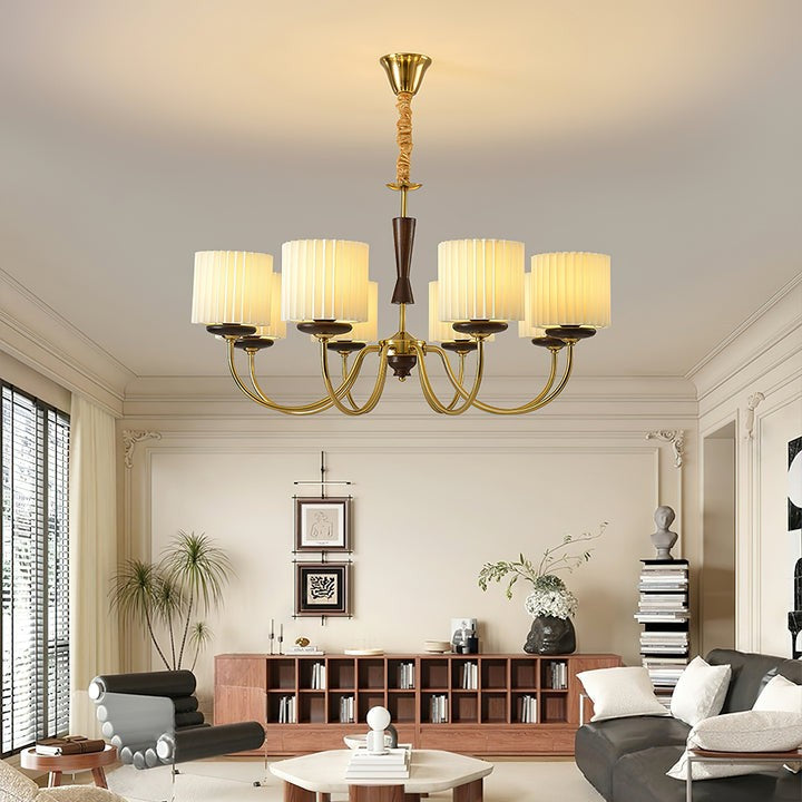 Walnut & Copper Multi-Arm Pleated Shade Chandelier