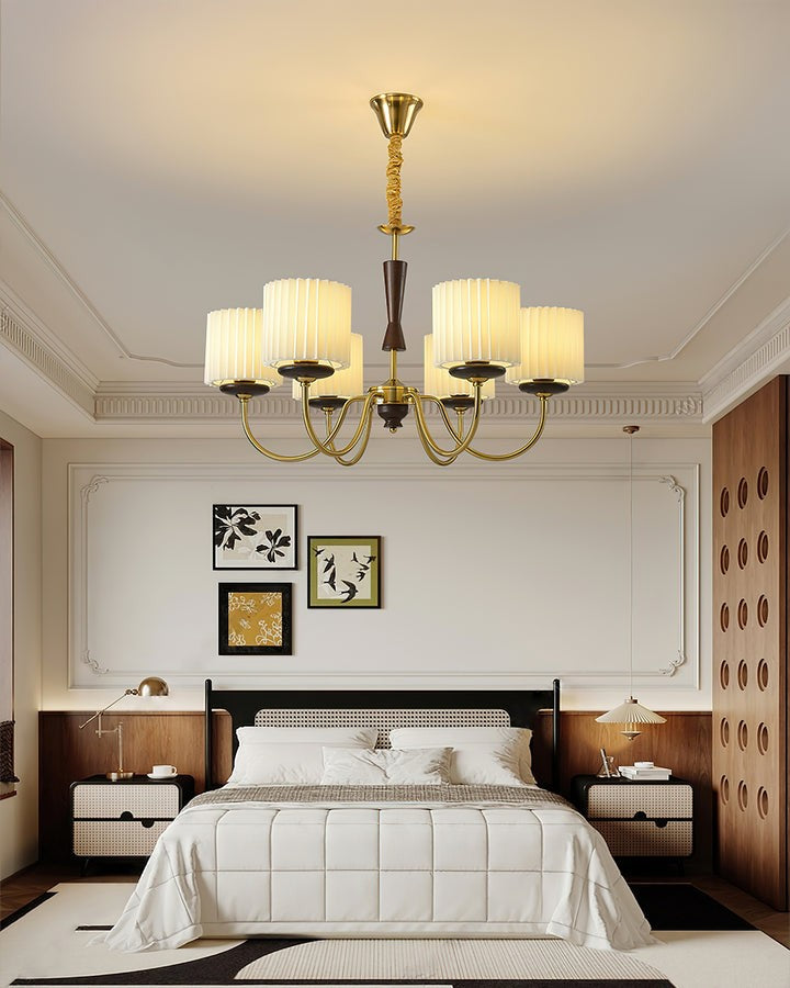 Walnut & Copper Multi-Arm Pleated Shade Chandelier