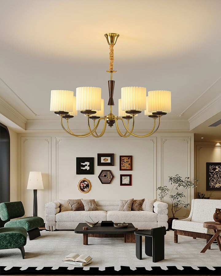 Walnut & Copper Multi-Arm Pleated Shade Chandelier