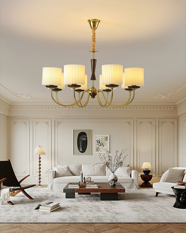 Walnut & Copper Multi-Arm Pleated Shade Chandelier