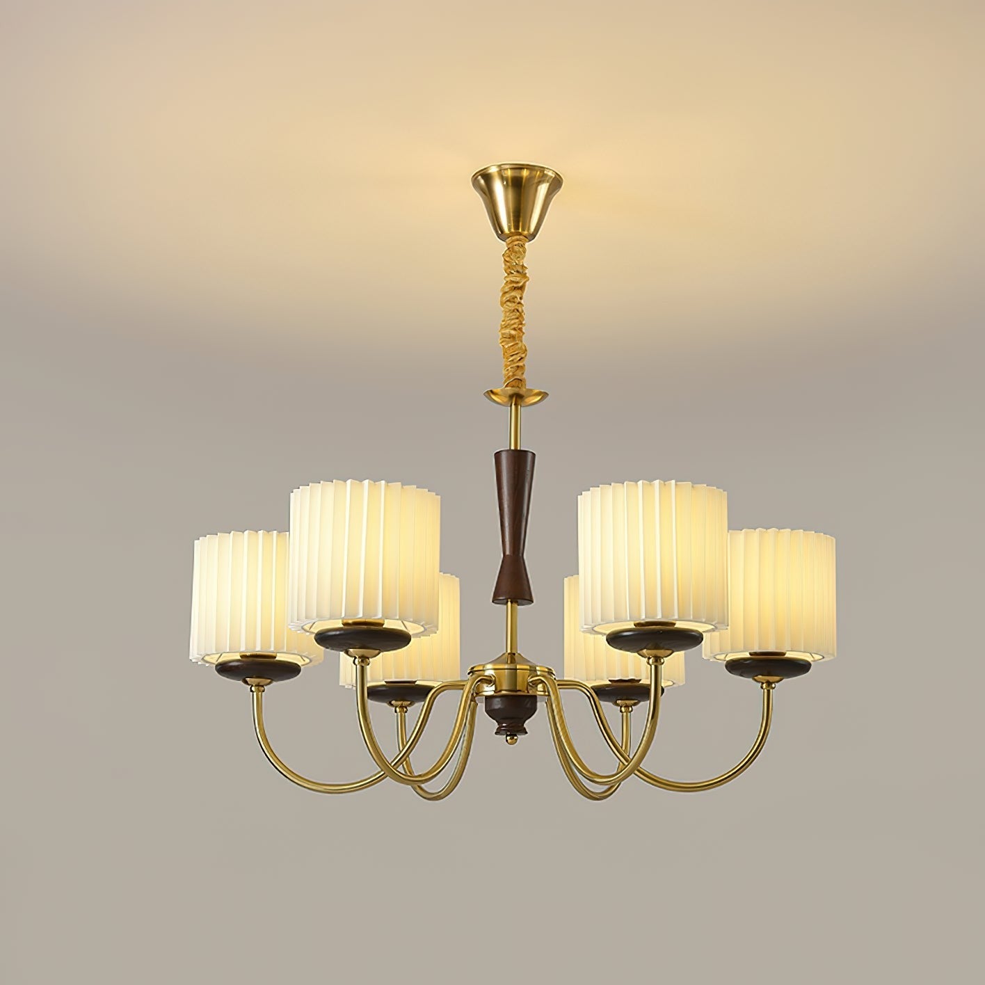 Walnut & Copper Multi-Arm Pleated Shade Chandelier