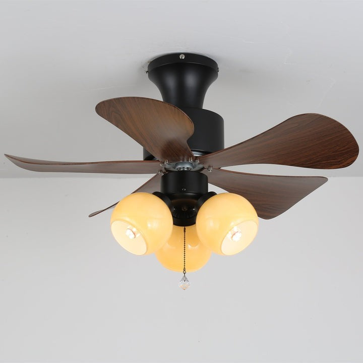 Walnut Woodgrain Ceiling Fan Light with Amber Glass Globes