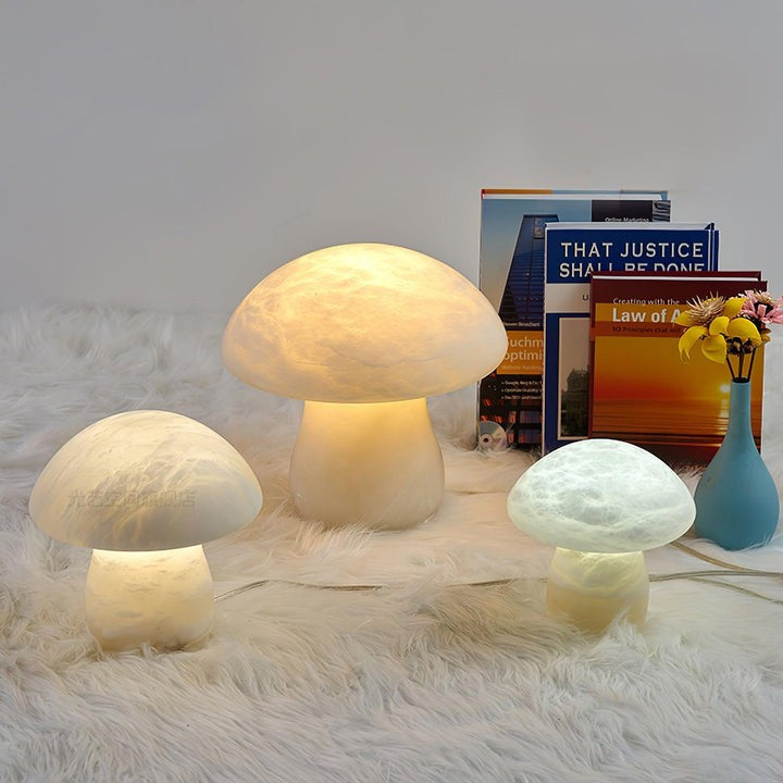 White Alabaster Mushroom Table Lamp with Brass Base