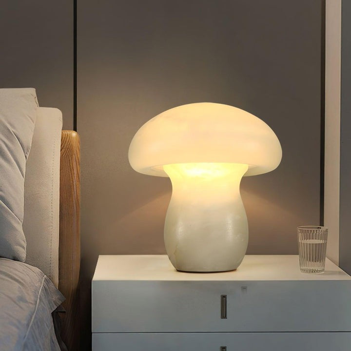 White Alabaster Mushroom Table Lamp with Brass Base
