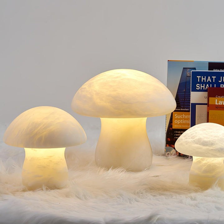 White Alabaster Mushroom Table Lamp with Brass Base