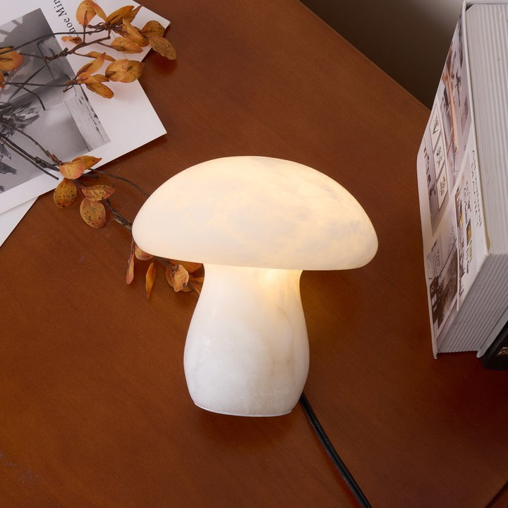 White Alabaster Mushroom Table Lamp with Brass Base