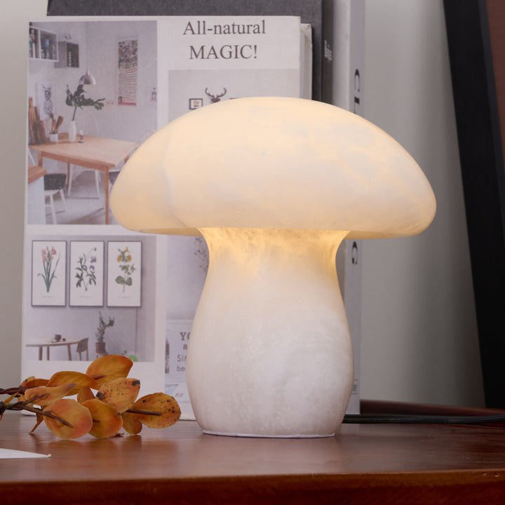 White Alabaster Mushroom Table Lamp with Brass Base