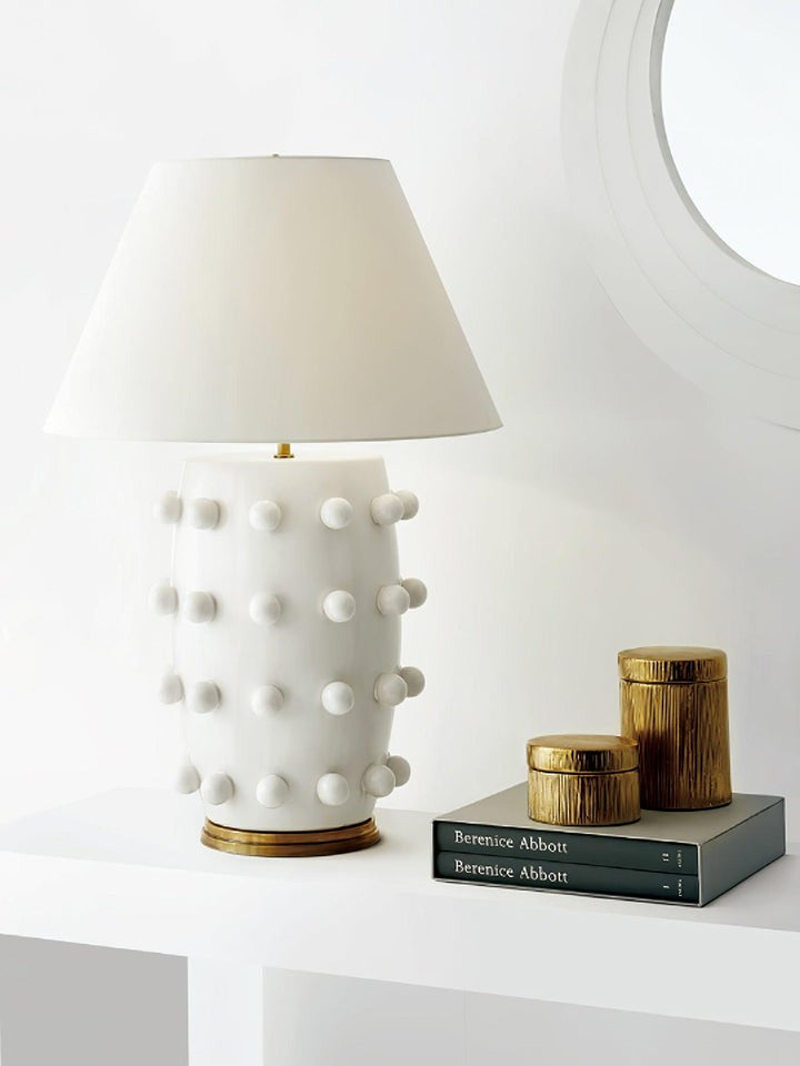 White Polka Dot Ceramic Table Lamp with Brass Accents