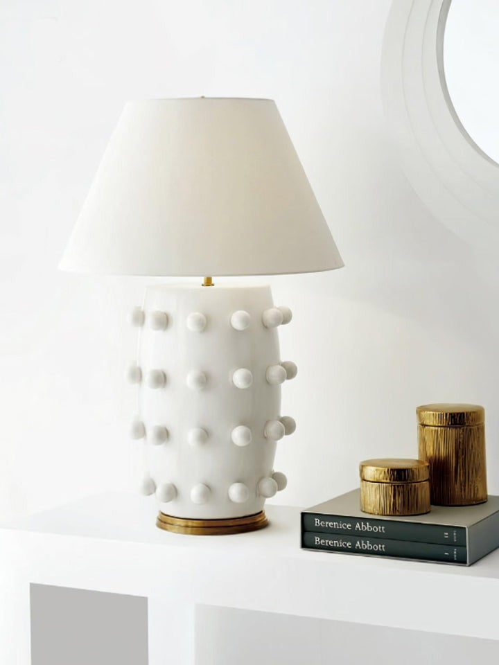White Polka Dot Ceramic Table Lamp with Brass Accents